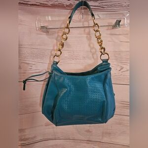 Gianni Bini Blue Leather Shoulder Bag Gold Chain Strap Perforated Purse